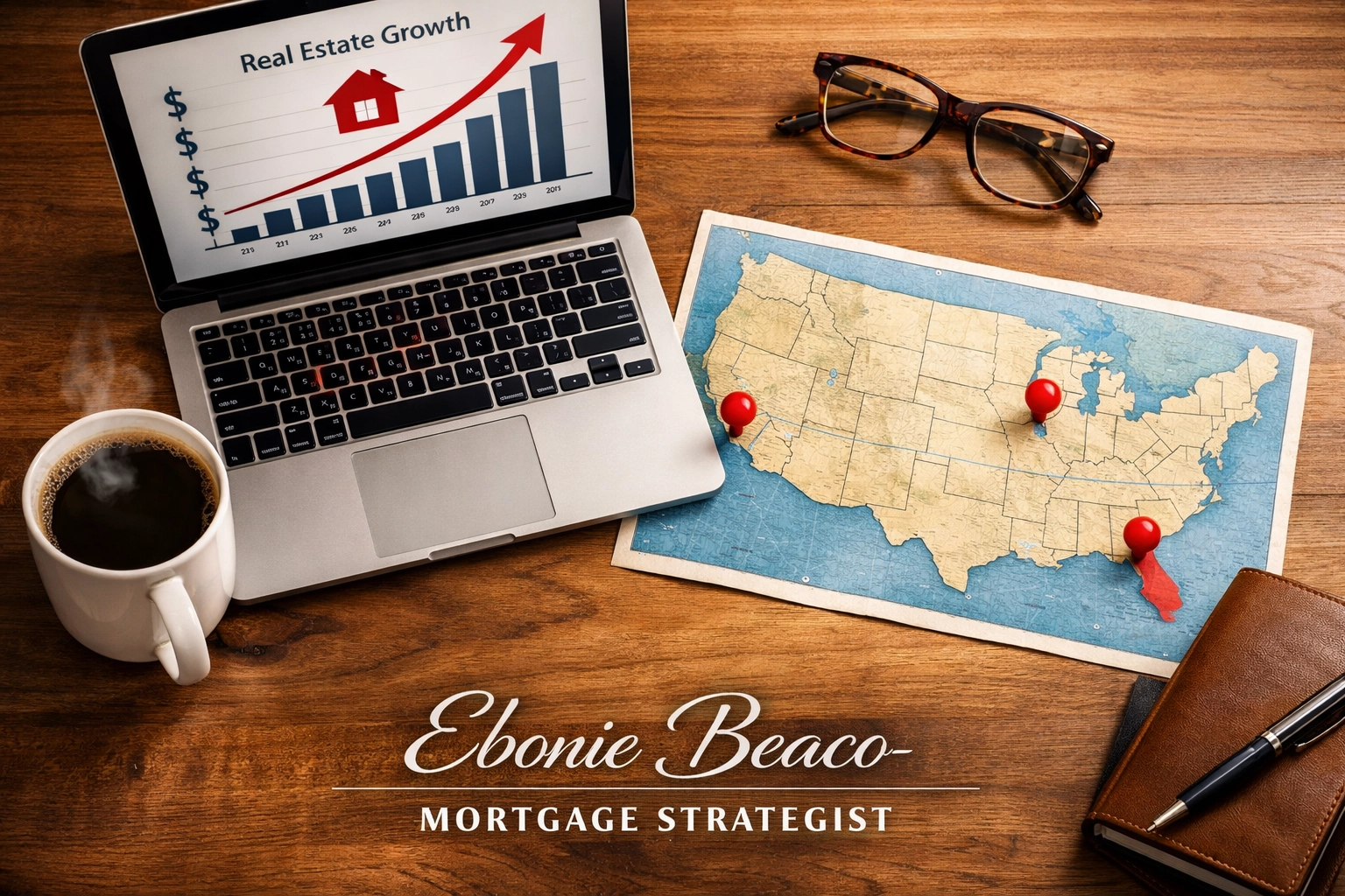 Real estate investment portfolio planning with a map of Florida, California, and Chicago for DSCR loan strategy.