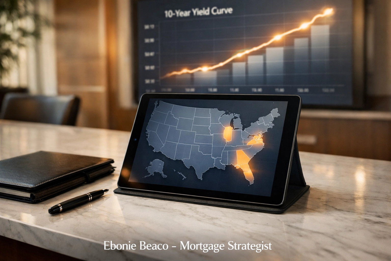 Professional workspace with a yield curve chart and map of Illinois and Florida real estate markets.
