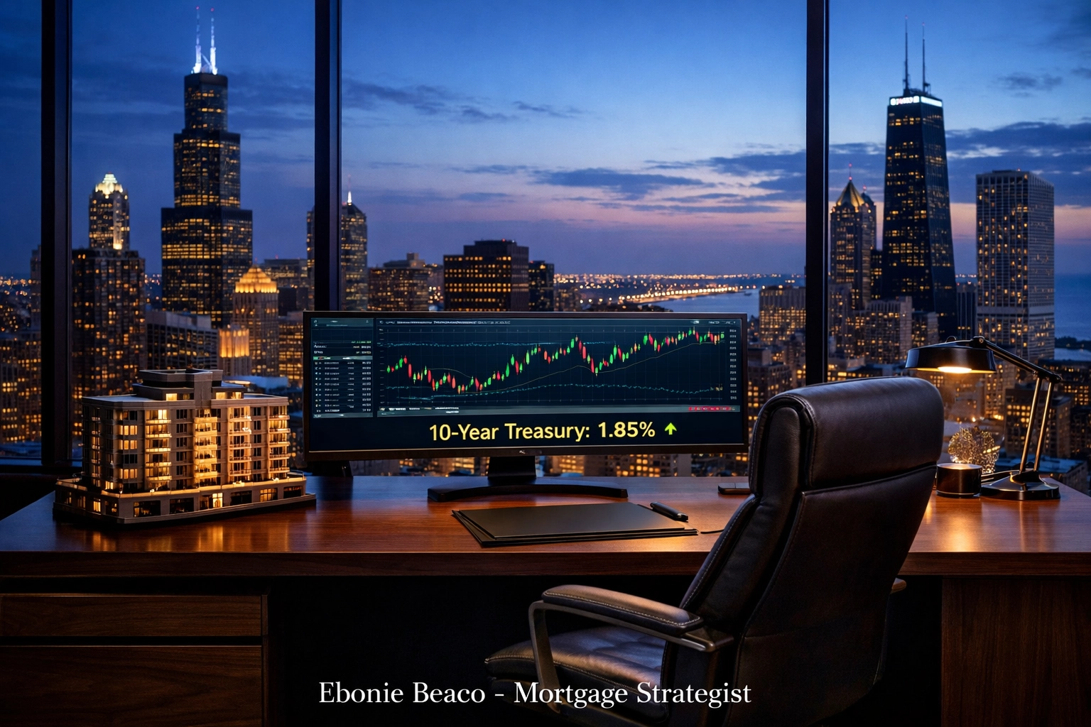 Chicago skyline view from a professional office with a 10-Year Treasury financial ticker display.