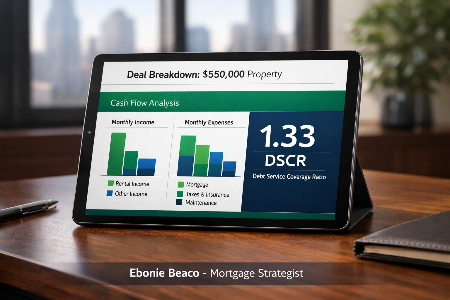 Digital investment dashboard showing a DSCR loan breakdown and monthly cash flow for a Missouri quadplex.
