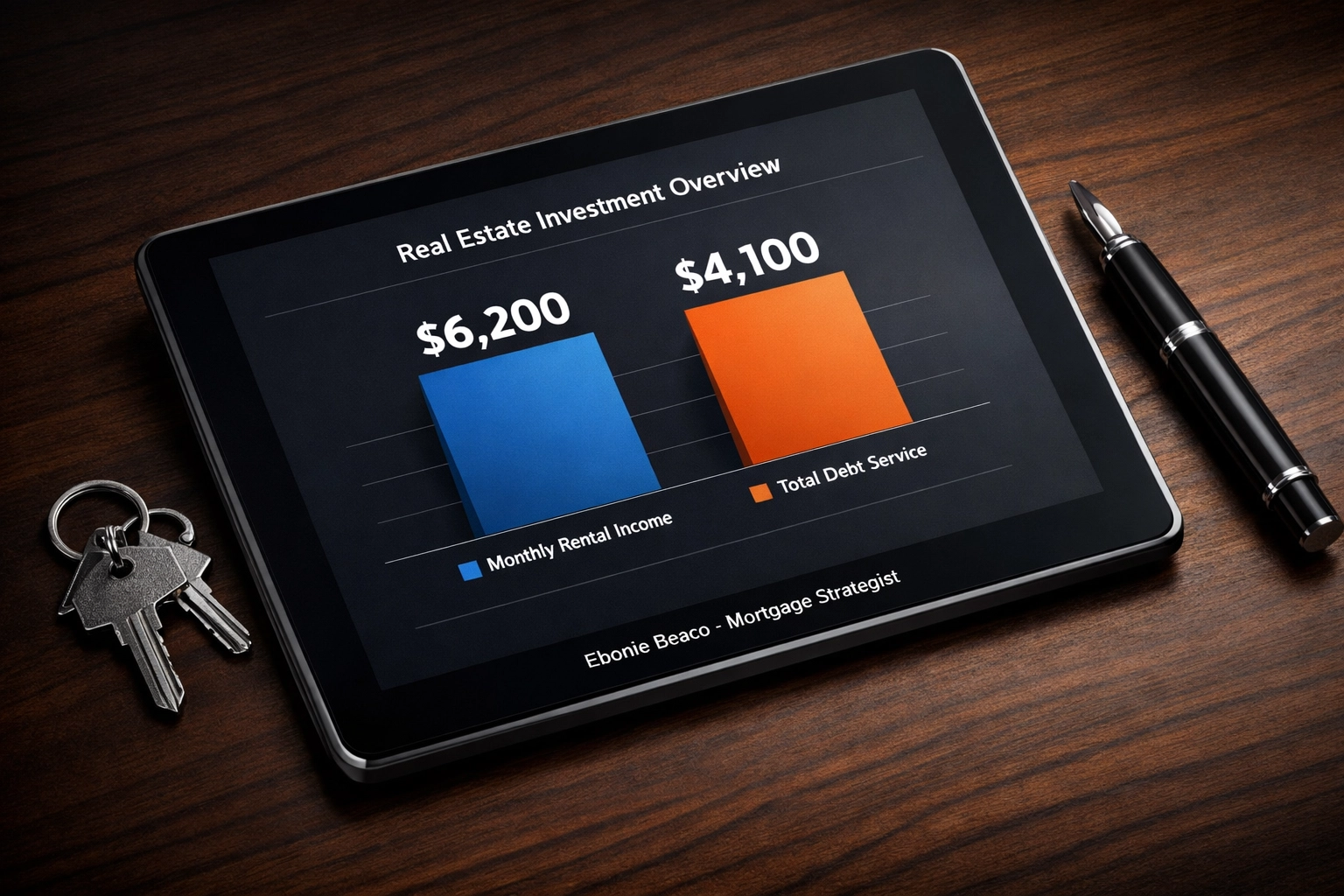 Financial chart displaying a DSCR calculation for rental income versus debt service on an investment property.