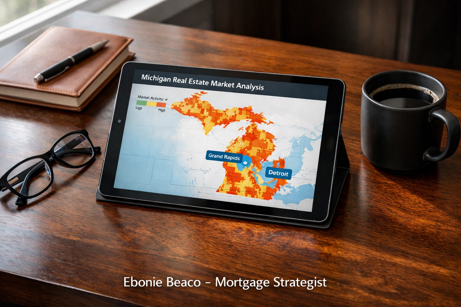 Professional workspace showing a Michigan real estate market heat map for Detroit and Grand Rapids investments.
