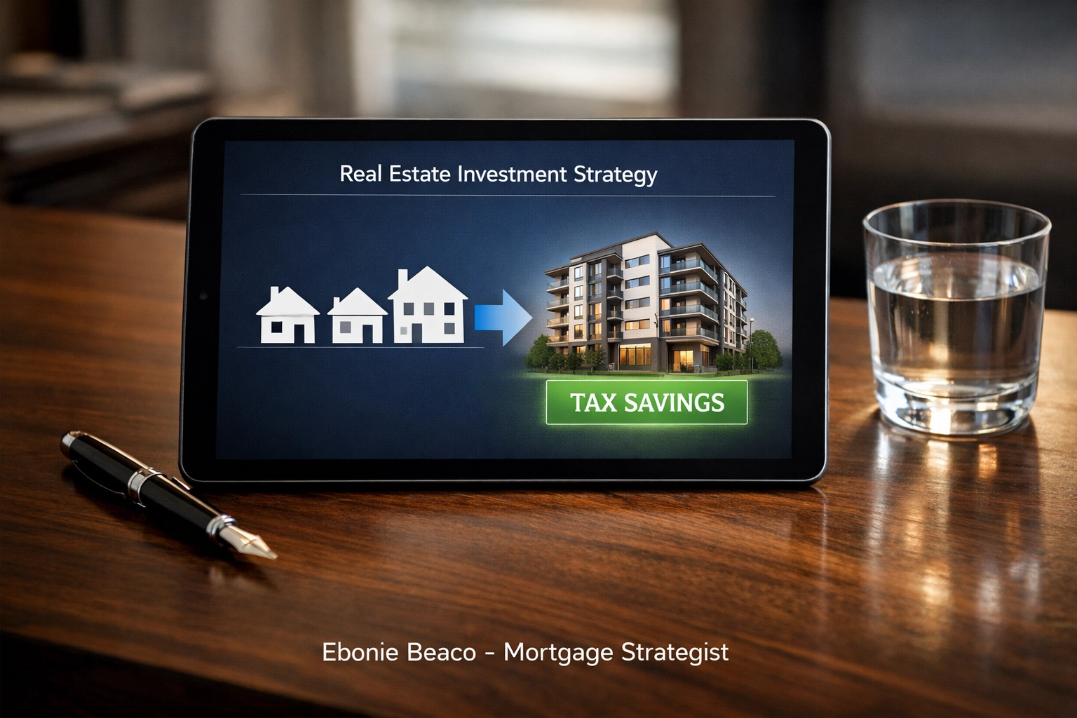Real estate investment chart on a tablet showing a 1031 exchange strategy consolidating property into multi-family.