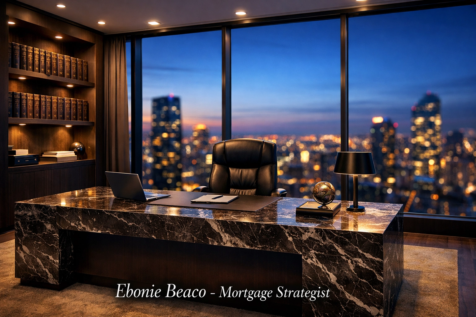 Modern executive office suite with a city view, representing professional mortgage strategy and investment success.