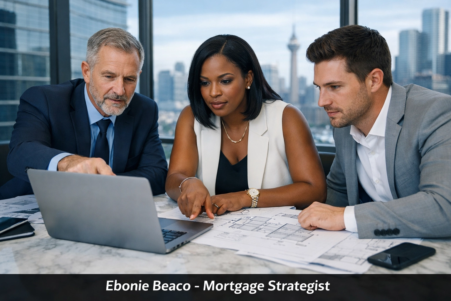 Real estate professionals in a modern office discussing Arkansas mortgage strategies and market trends.