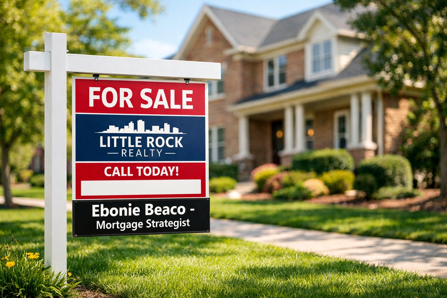 Suburban street in Little Rock Arkansas with a for sale sign in front of a brick home.
