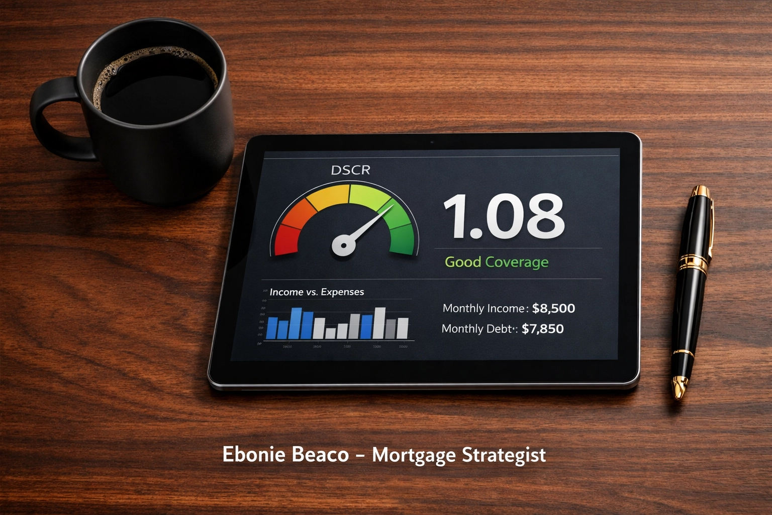 Digital tablet showing a DSCR loan calculation of 1.08 for an investment property purchase.