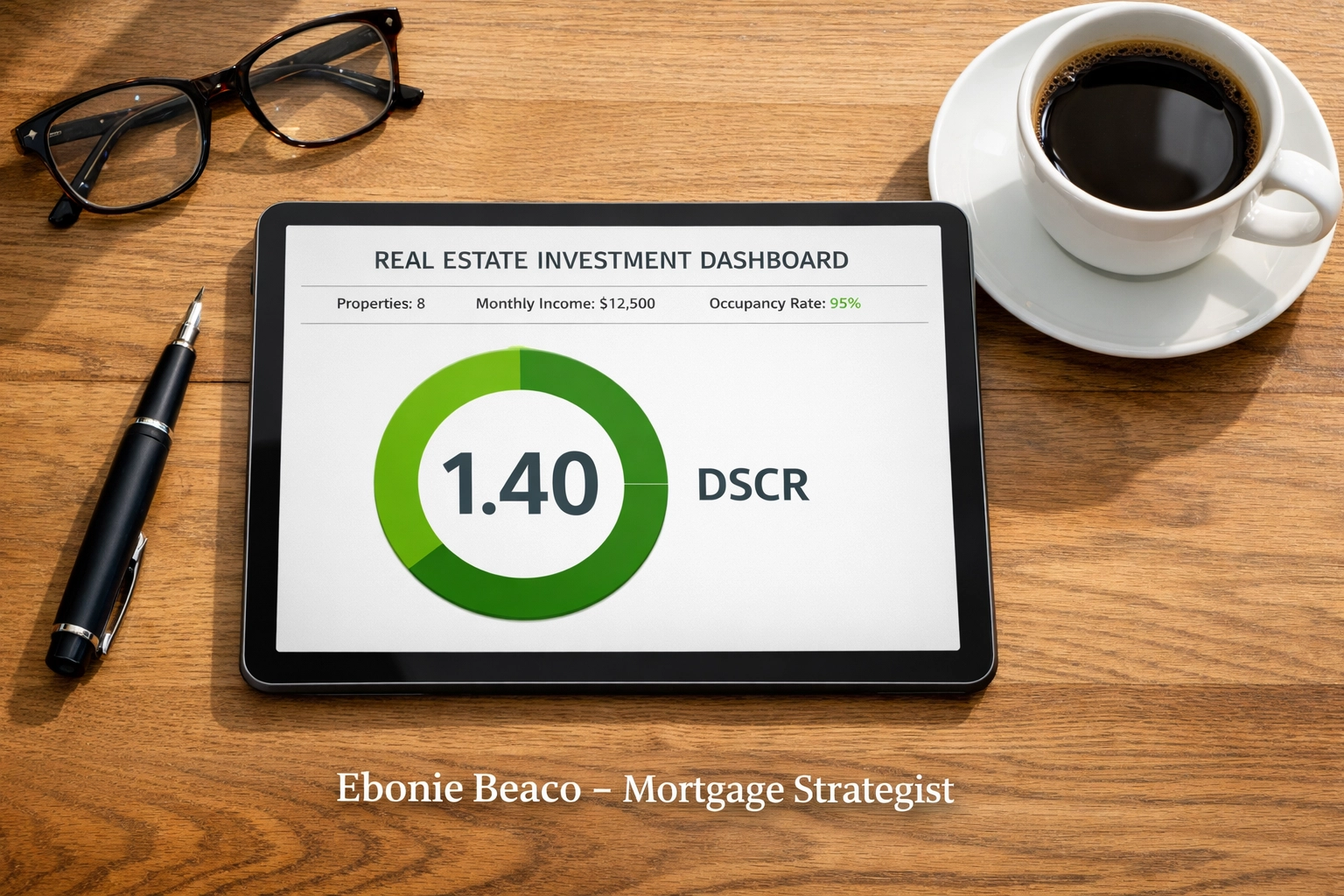 Real estate investment dashboard showing a 1.40 DSCR calculation for rental property cash flow.