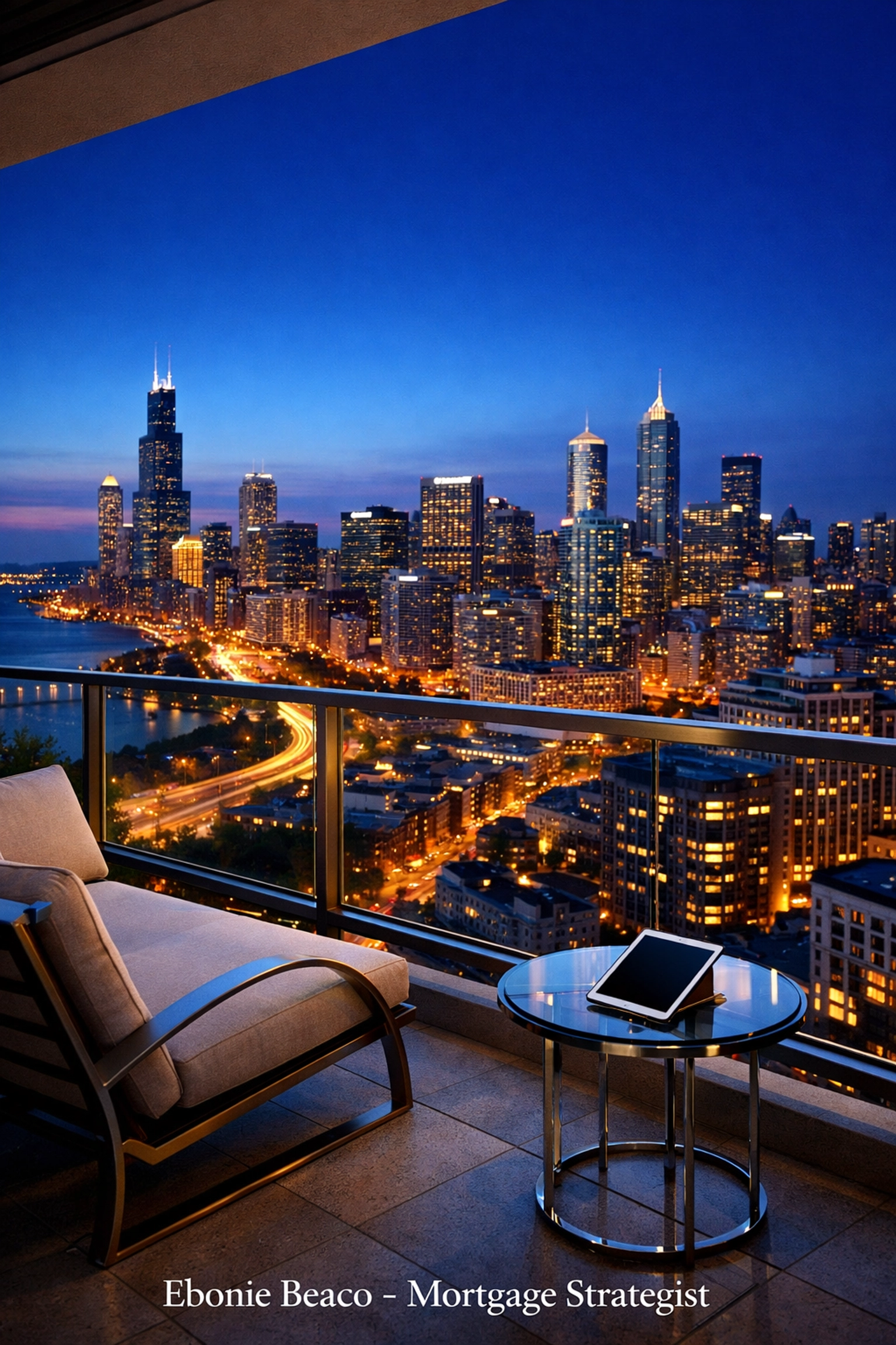 Luxury condominium balcony overlooking an urban skyline representing high-end real estate investment.