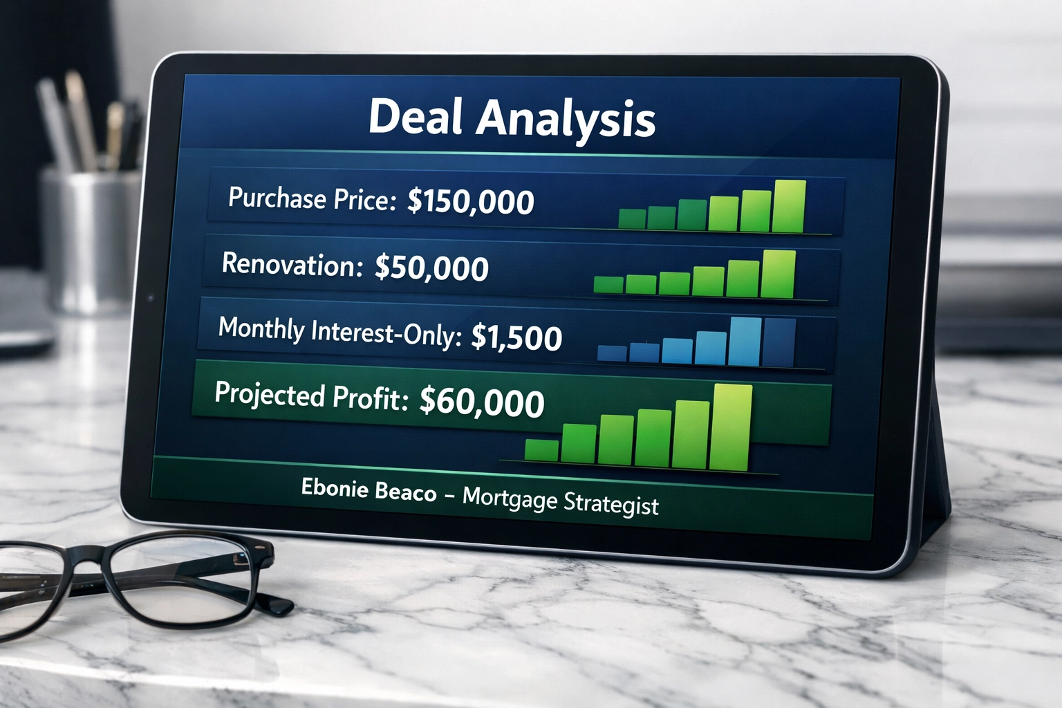 Fix and flip financial deal analysis showing interest-only mortgage payments and projected investment profits.