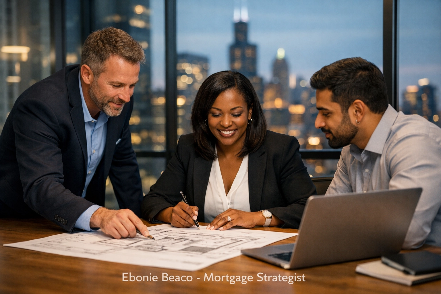 Real estate professionals discussing investment property strategies and bridge loan options in a boardroom.