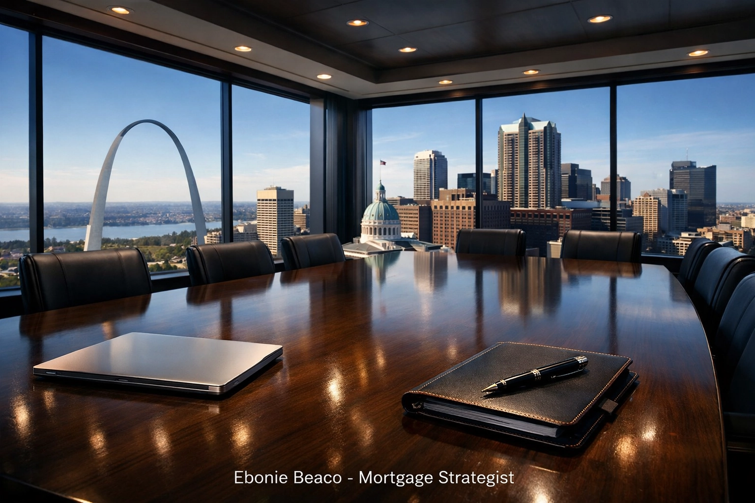Modern office boardroom overlooking the Missouri skyline representing professional mortgage strategy and financial analysis.