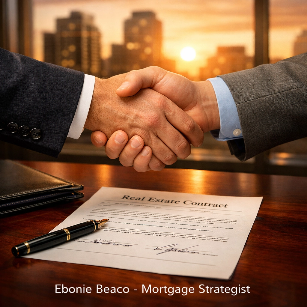 Real estate professionals shaking hands over a signed contract to ensure deal fluidity and investor success.