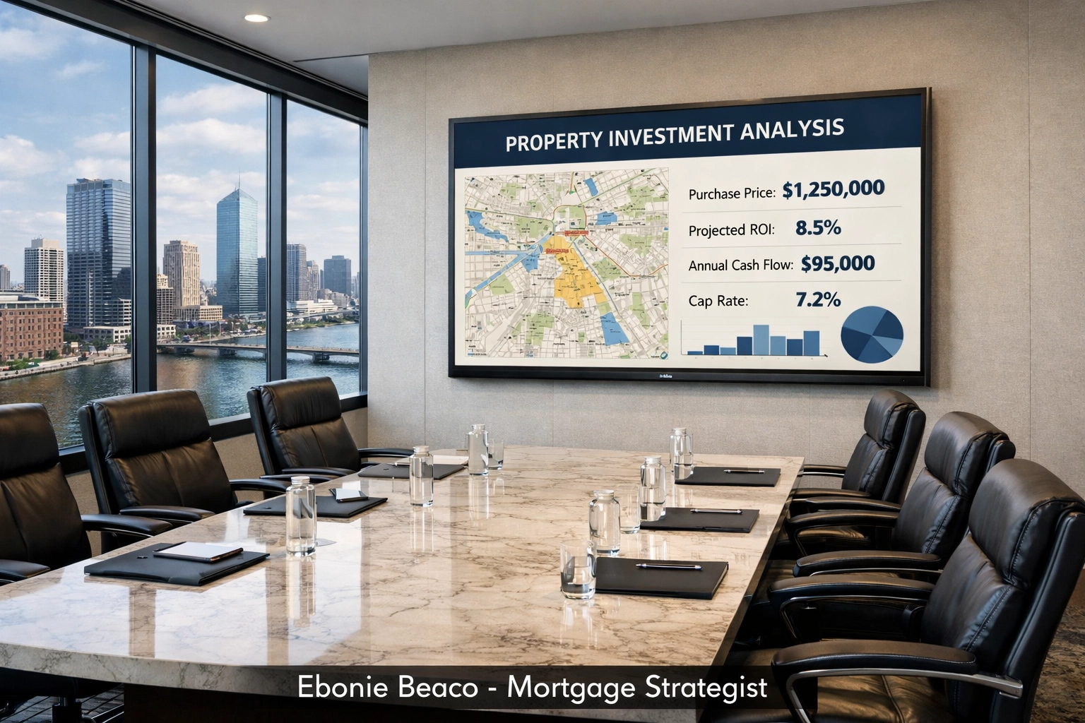 Modern conference room showing property investment analysis for a bankable real estate wholesale pitch deck.