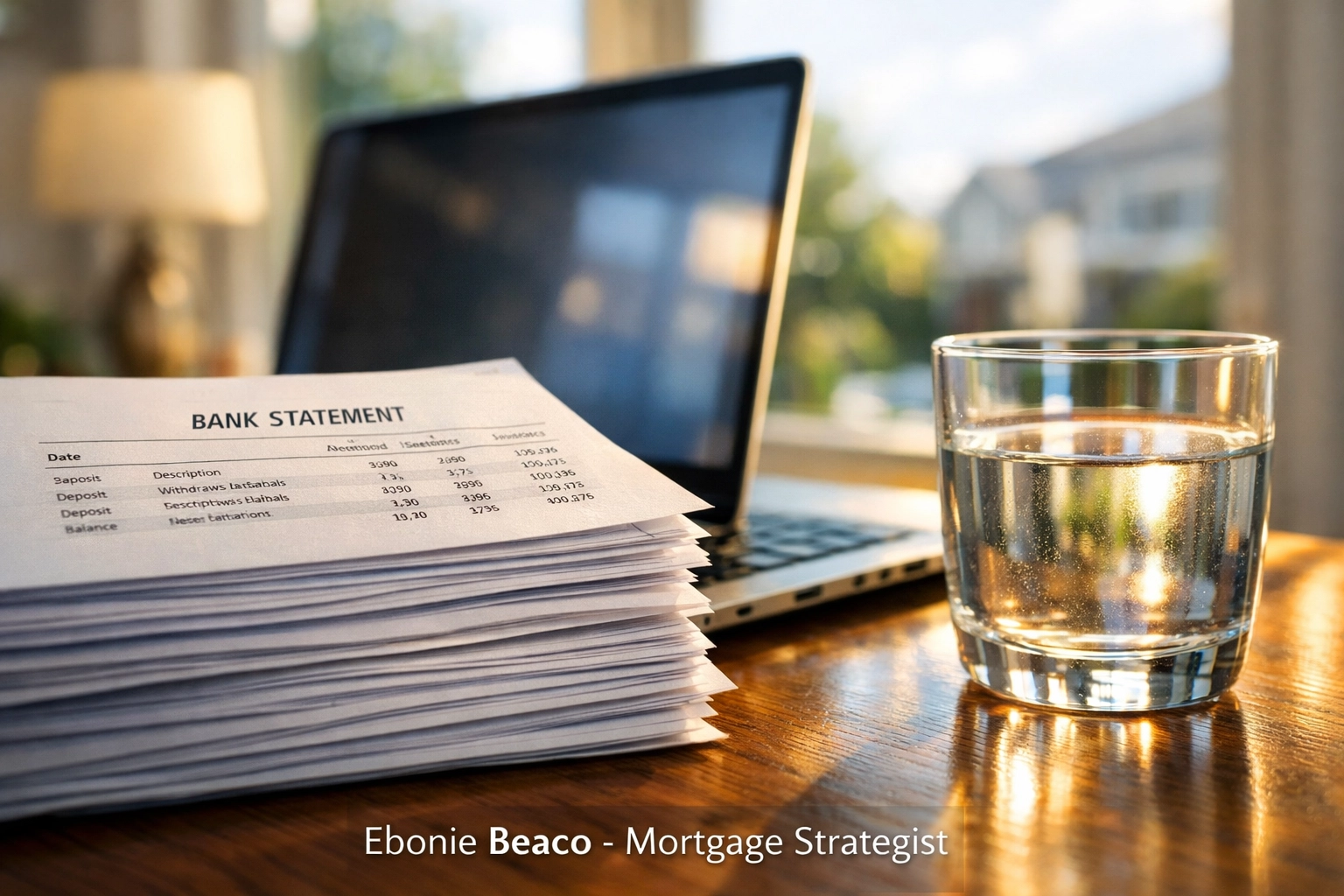 Bank statements and laptop on a desk representing non-QM mortgage options for self-employed real estate investors.