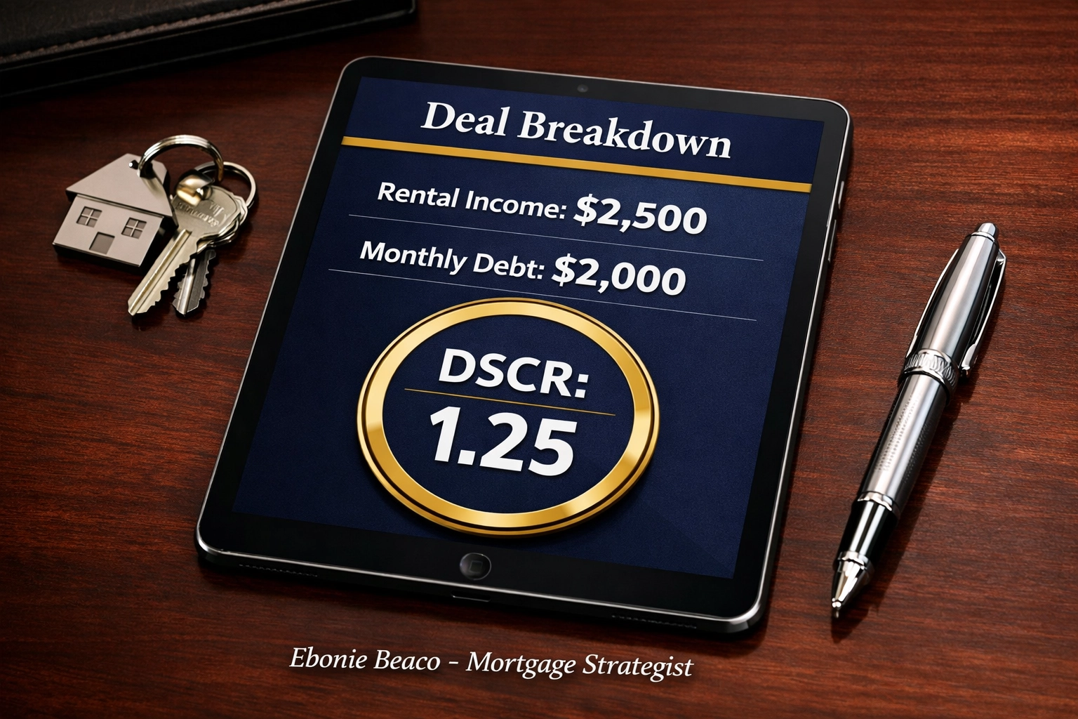 Financial dashboard showing a DSCR loan calculation of 1.25 for a real estate investment property.