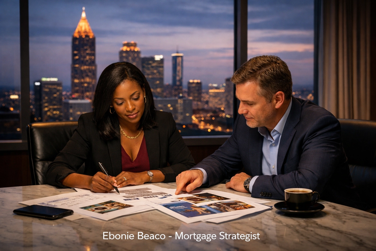 Georgia mortgage strategist reviewing real estate investment strategies with a client in a professional office.