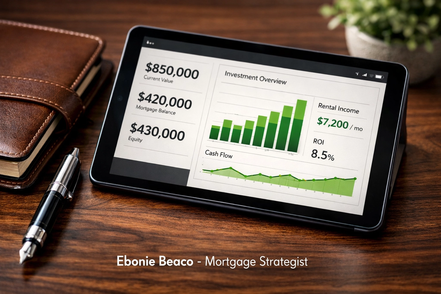 Real estate investment dashboard displaying financial charts and property valuation data for mortgage strategy.