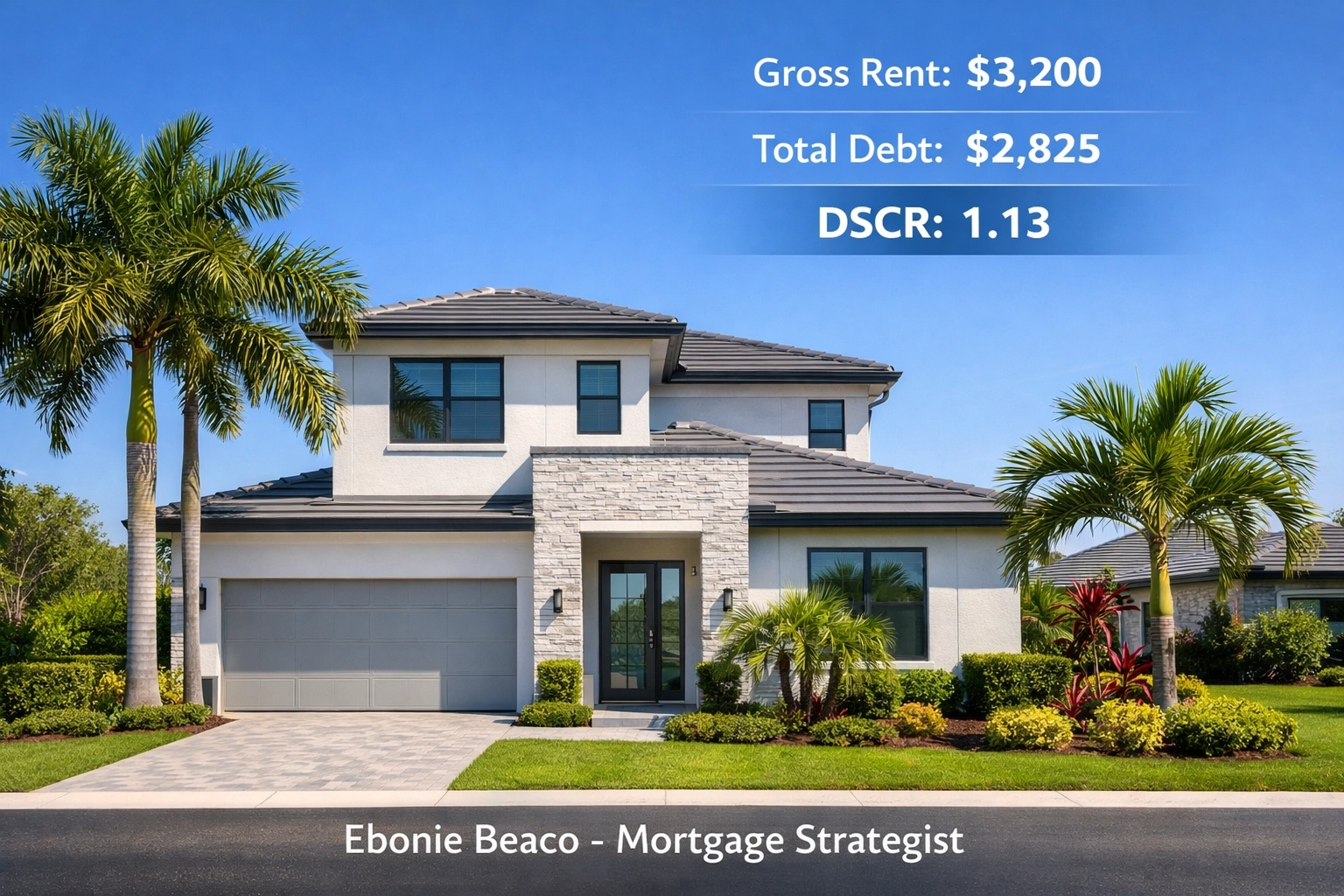 Florida rental property with an infographic showing a DSCR calculation of 1.13 for real estate investors.