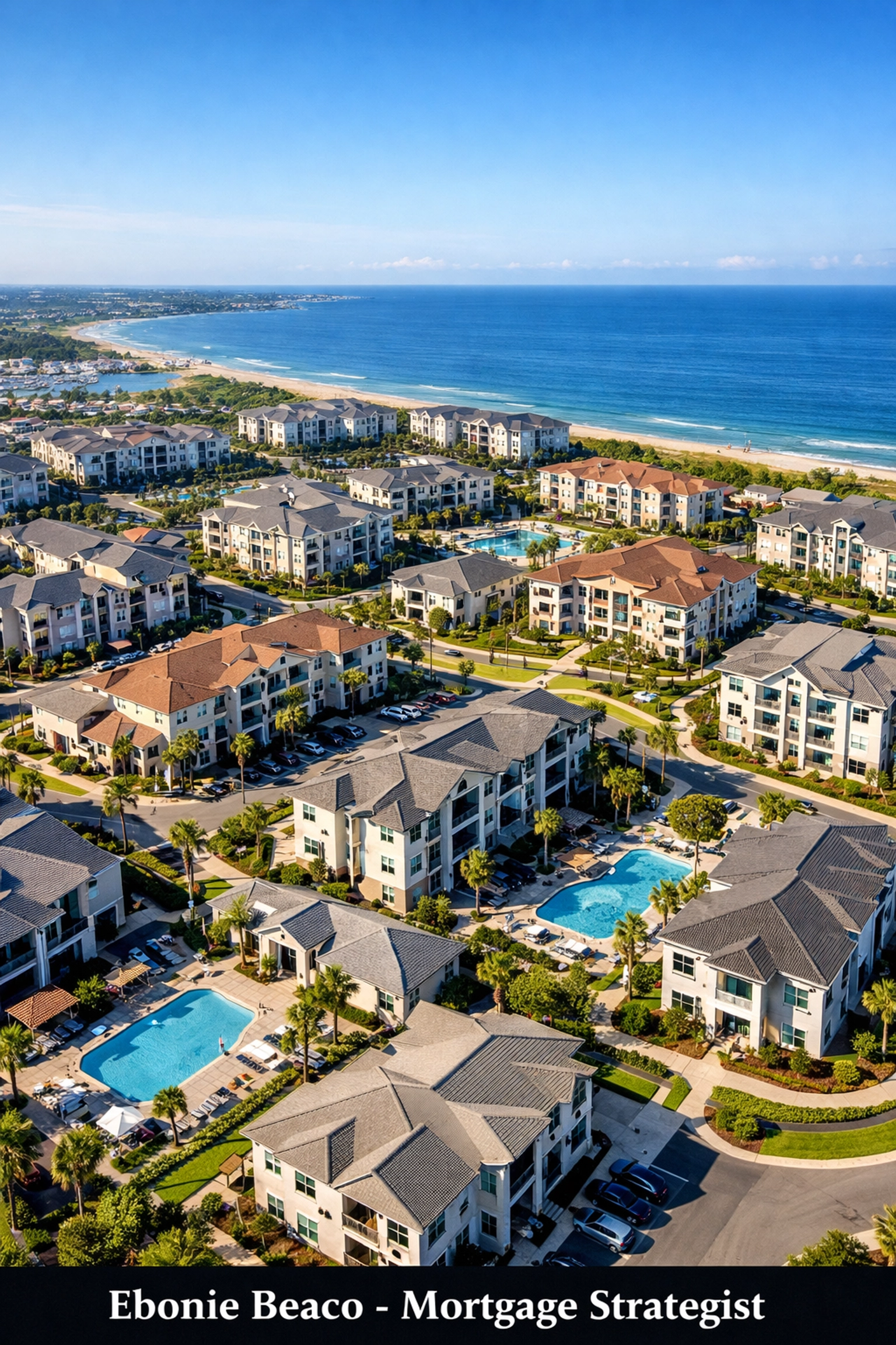 Aerial view of a coastal real estate portfolio featuring multifamily properties and residential developments.