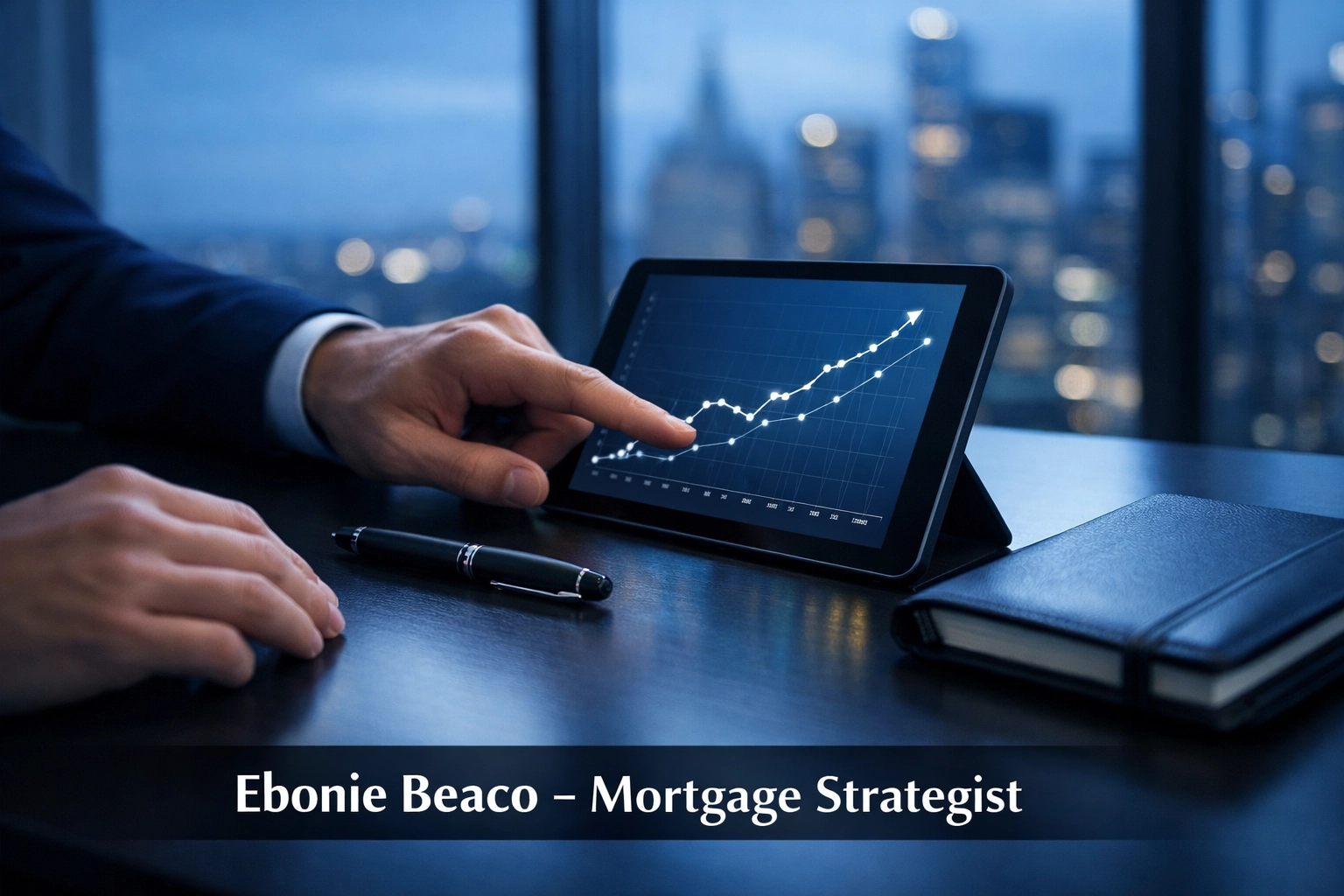 Mortgage strategist reviewing a growth graph to identify home refinance and liquidity opportunities.