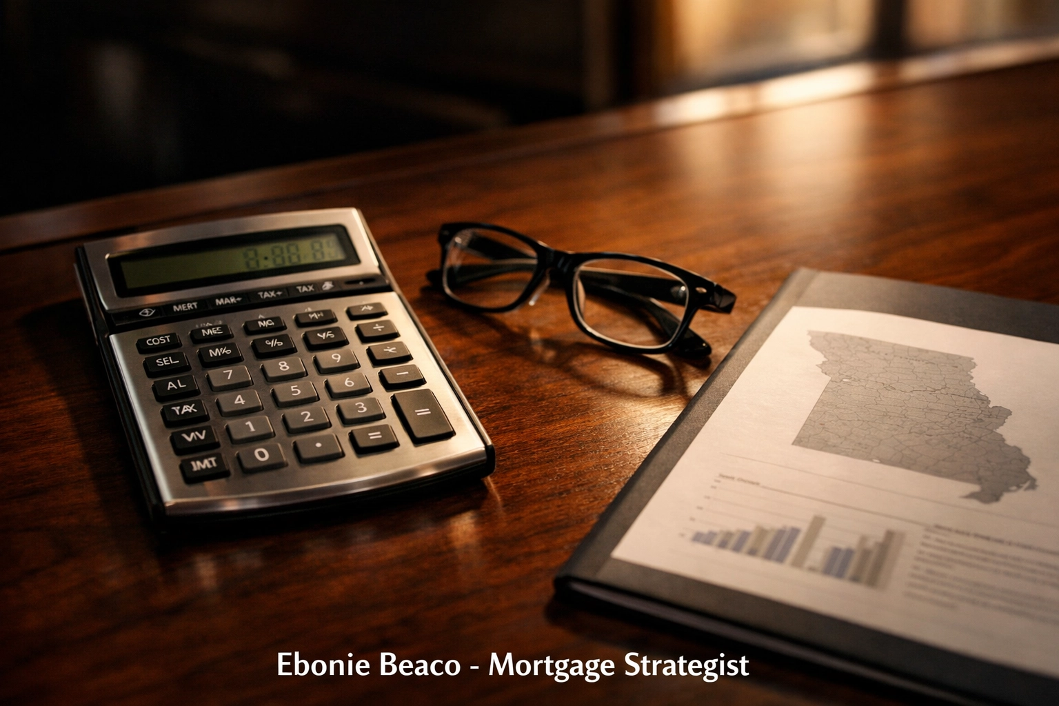 Professional executive desk with calculator and Missouri real estate market report for strategic analysis.