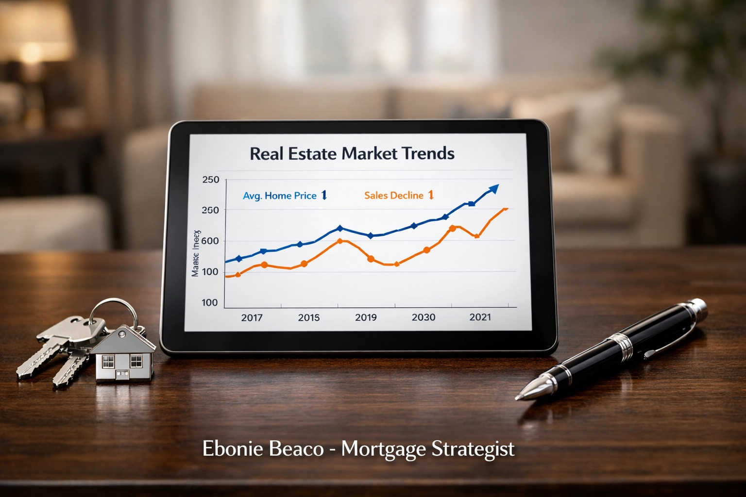Tablet displaying real estate market growth graphs next to house keys and professional office tools.