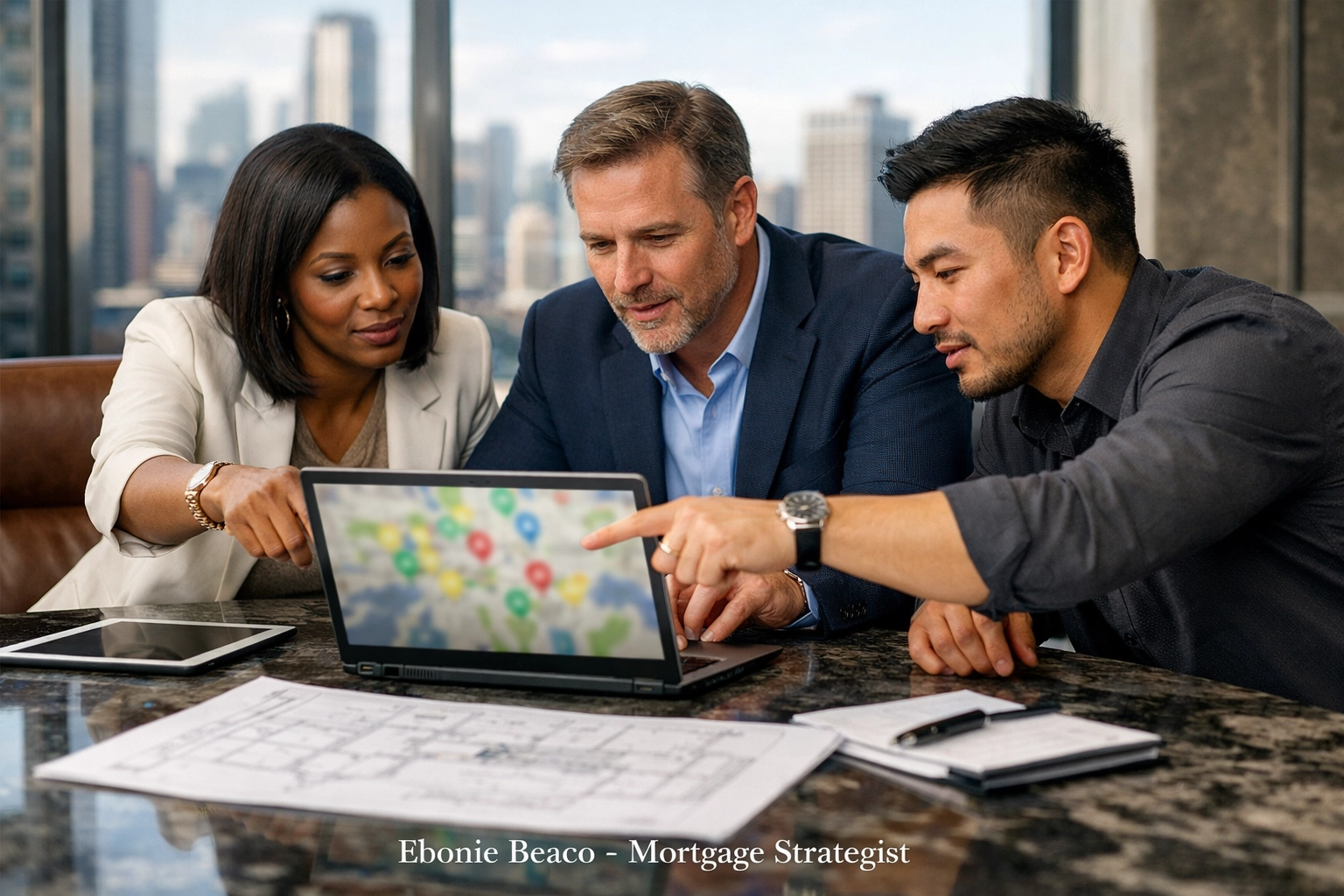 Real estate investors analyzing market data and deal structures in a professional office setting.