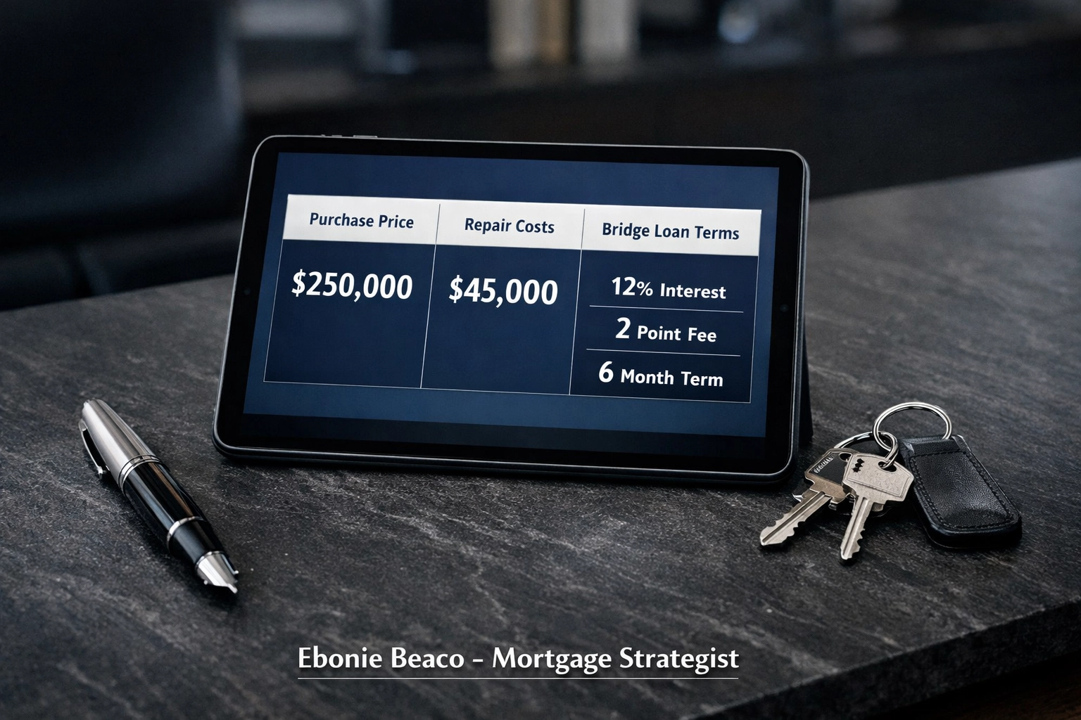 Financial analysis on a tablet showing bridge loan terms and investment property repair costs.