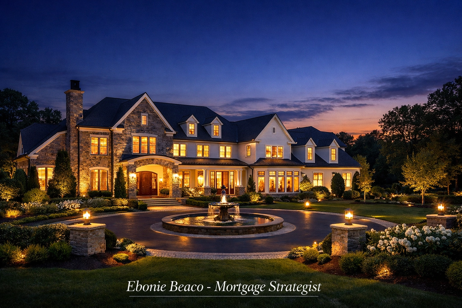 Luxury suburban home in Virginia at twilight illustrating high-end real estate financing success and growth.