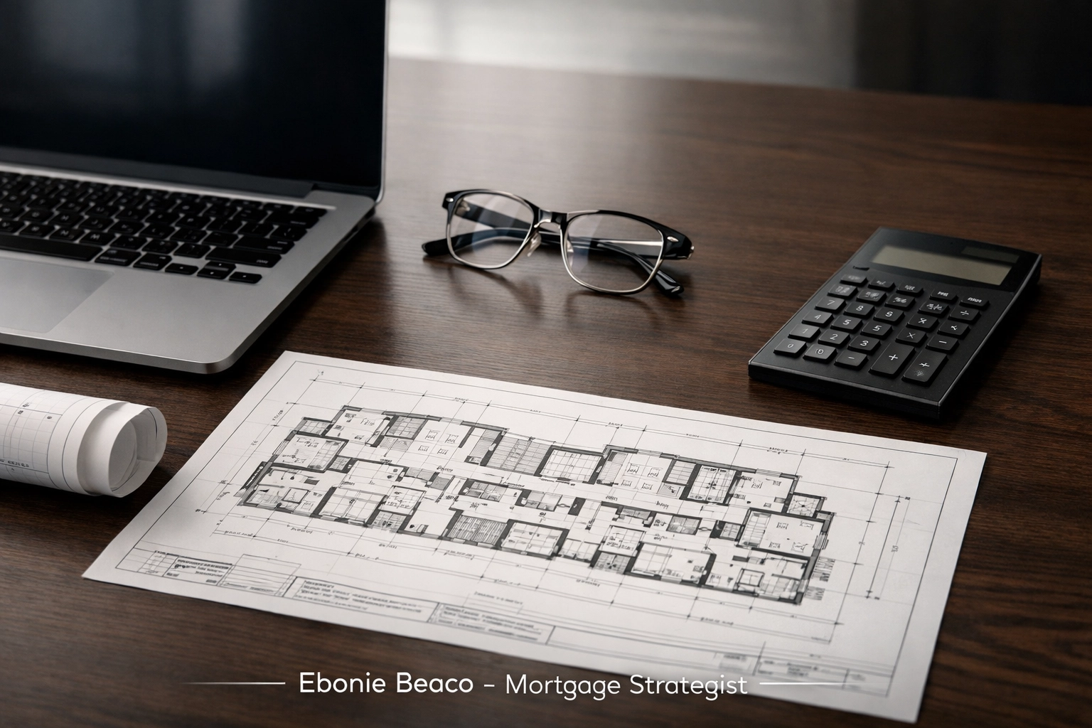 Professional desk with building blueprints and calculator for analyzing multi-unit DSCR investor loans.