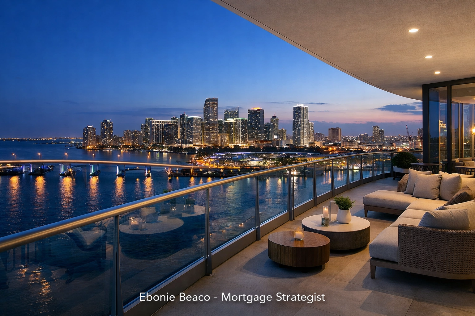 Luxury Miami skyline view from a high-rise balcony representing high-value Florida home equity.