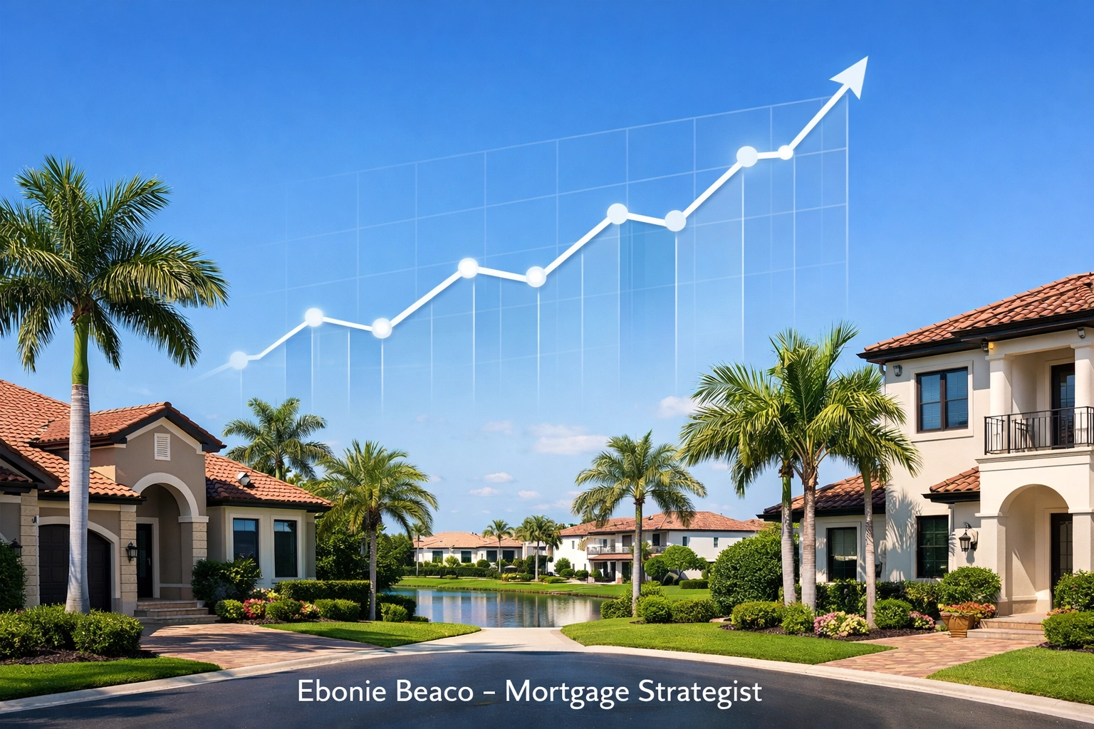 Data graph showing the steady growth of Florida home equity in a sun-drenched suburban neighborhood.