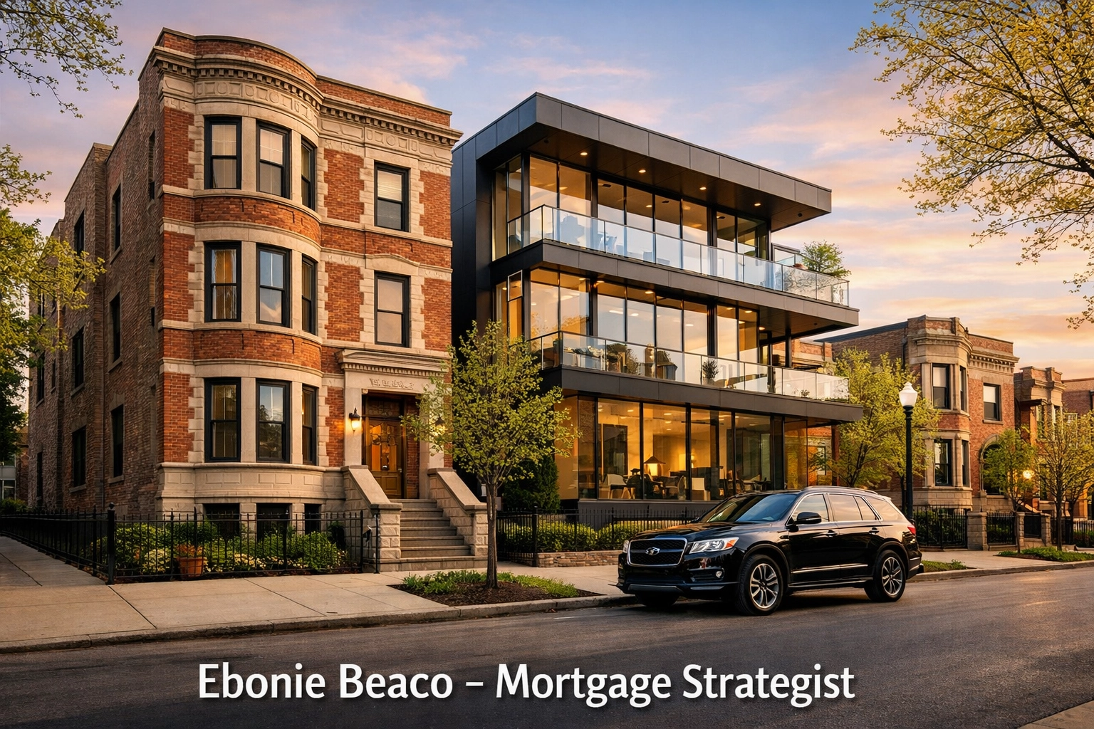 Historic brick three-flat and modern home in a Chicago neighborhood, representing the Illinois real estate market.