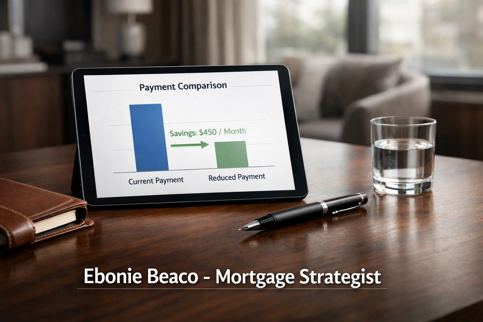 Tablet displaying a mortgage payment comparison chart, highlighting savings from an interest rate buy-down strategy.