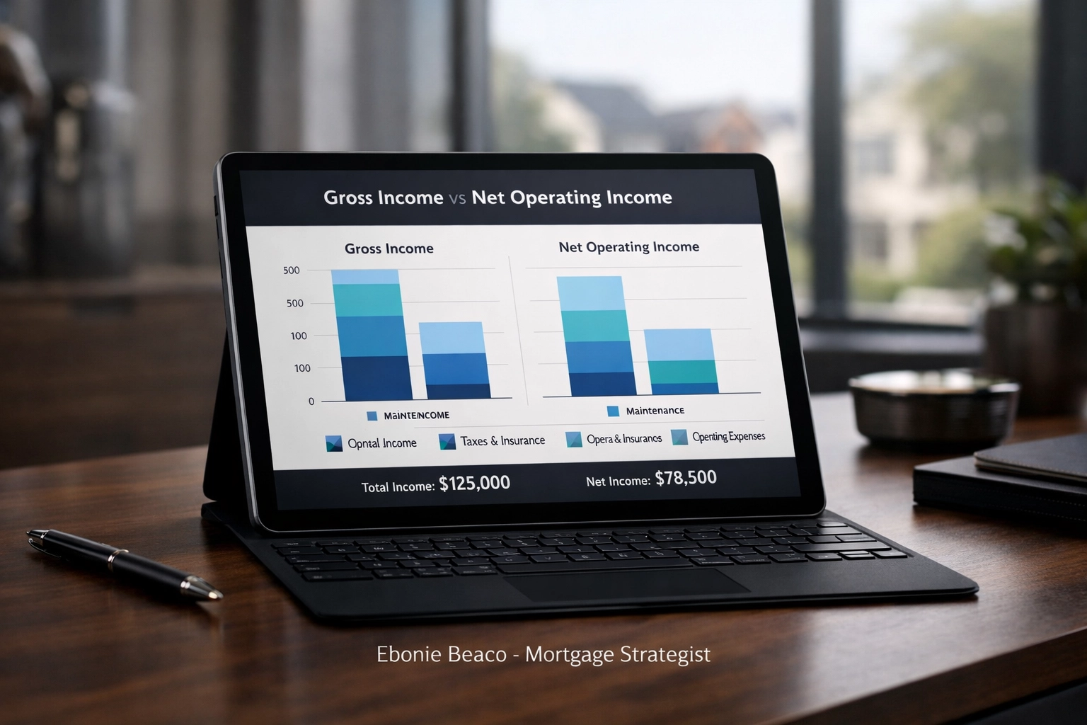 Tablet displaying a Net Operating Income vs Gross Income chart for real estate investors using a cash flow calculator.