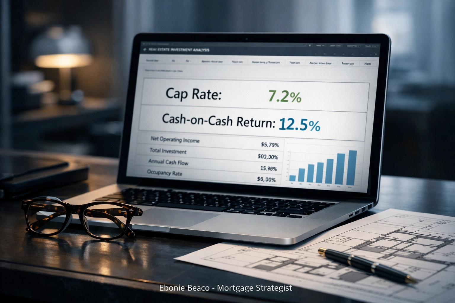 Laptop screen showing Cap Rate and Cash-on-Cash Return metrics for a rental property investment strategy analysis.