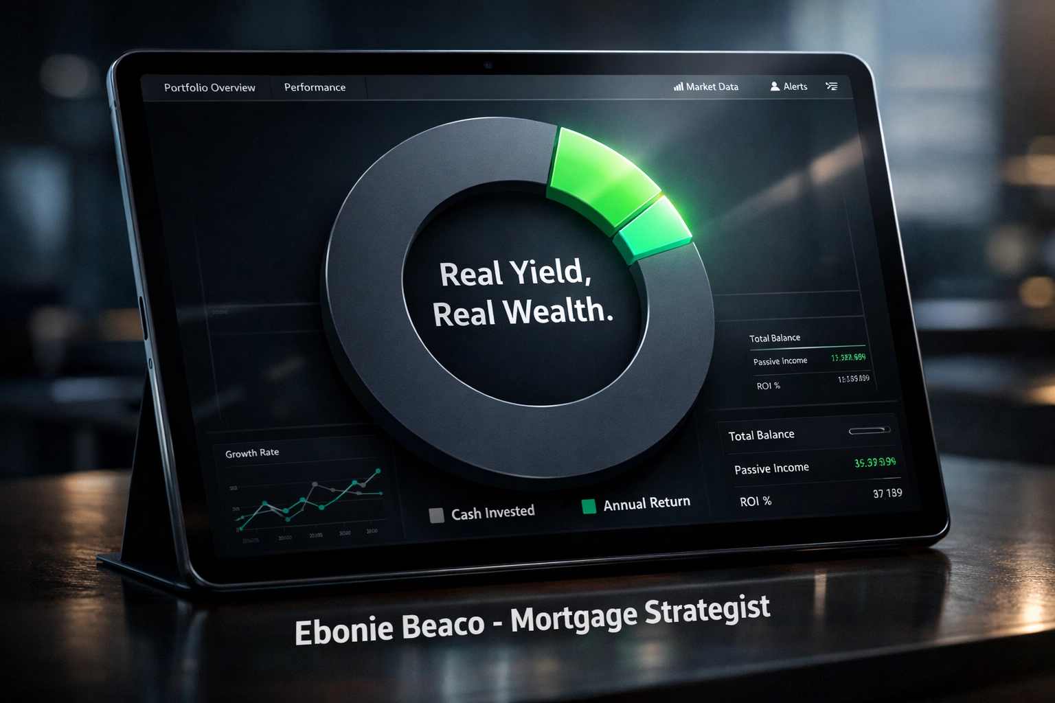 Financial dashboard showing cash on cash return with annual yield versus total cash invested for real estate.