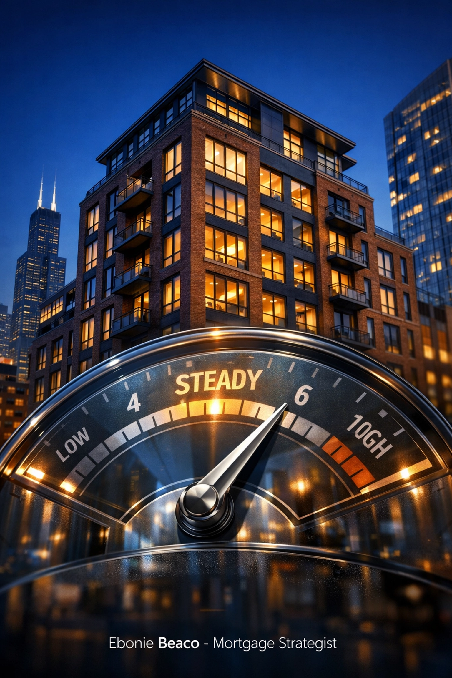 Modern multi-family apartment building with a cap rate valuation dial for real estate investment analysis.