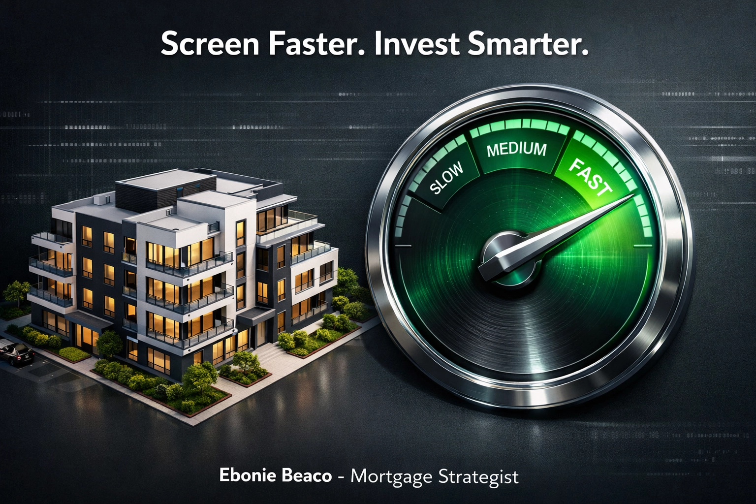 Digital speedometer next to a modern building showing how wholesalers screen real estate deals fast with GRM.