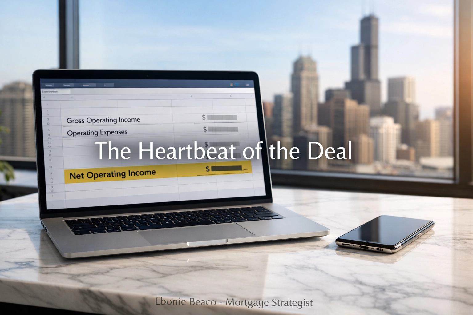Financial dashboard showing NOI calculation on a laptop, essential for real estate investors and DSCR loans.