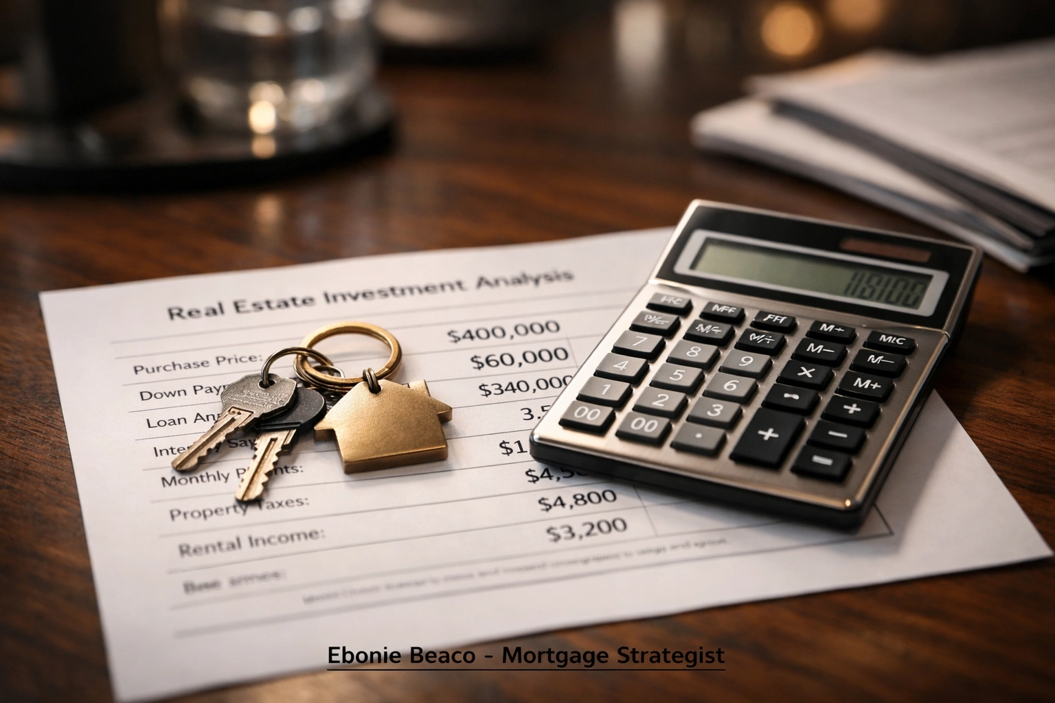 Financial spreadsheet showing real estate investment calculations and house keys for wholesale deal analysis.