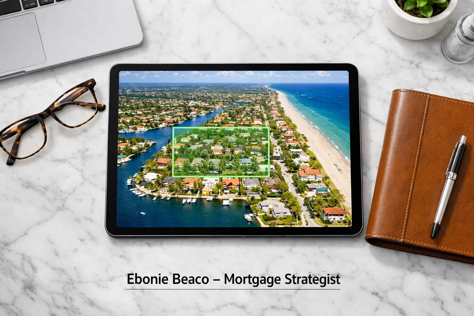 Tablet showing a highlighted Florida real estate buy box on a desk for finding off-market properties.