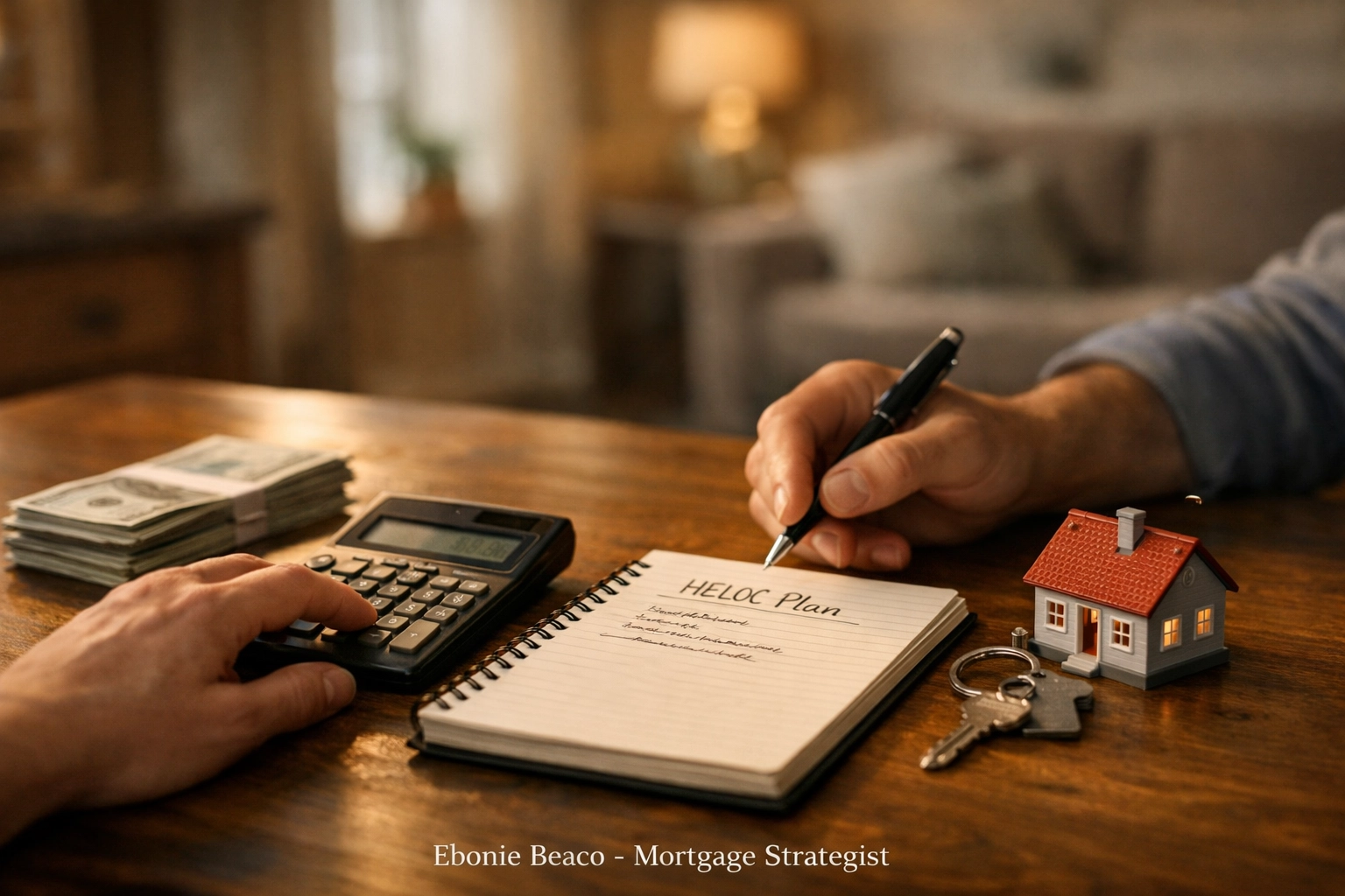 Homeowner planning a mortgage strategy with a HELOC to manage home equity and personal finances.