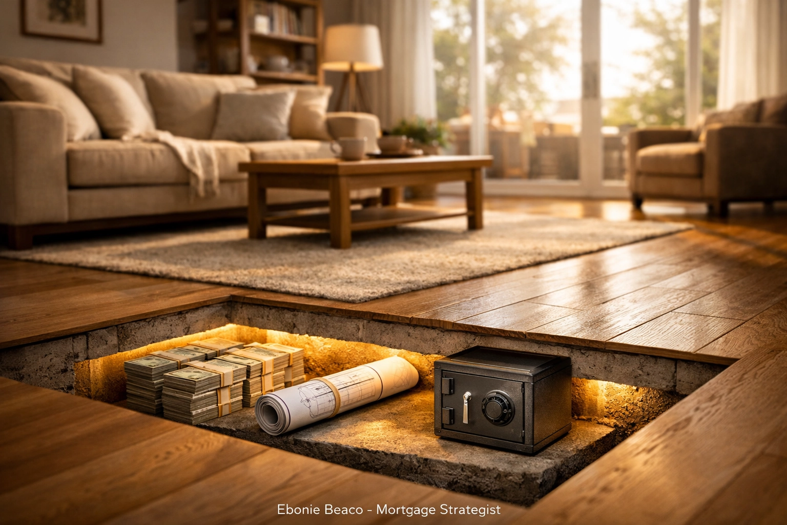 Visual representation of a homeowner unlocking home equity in a modern living room setting.