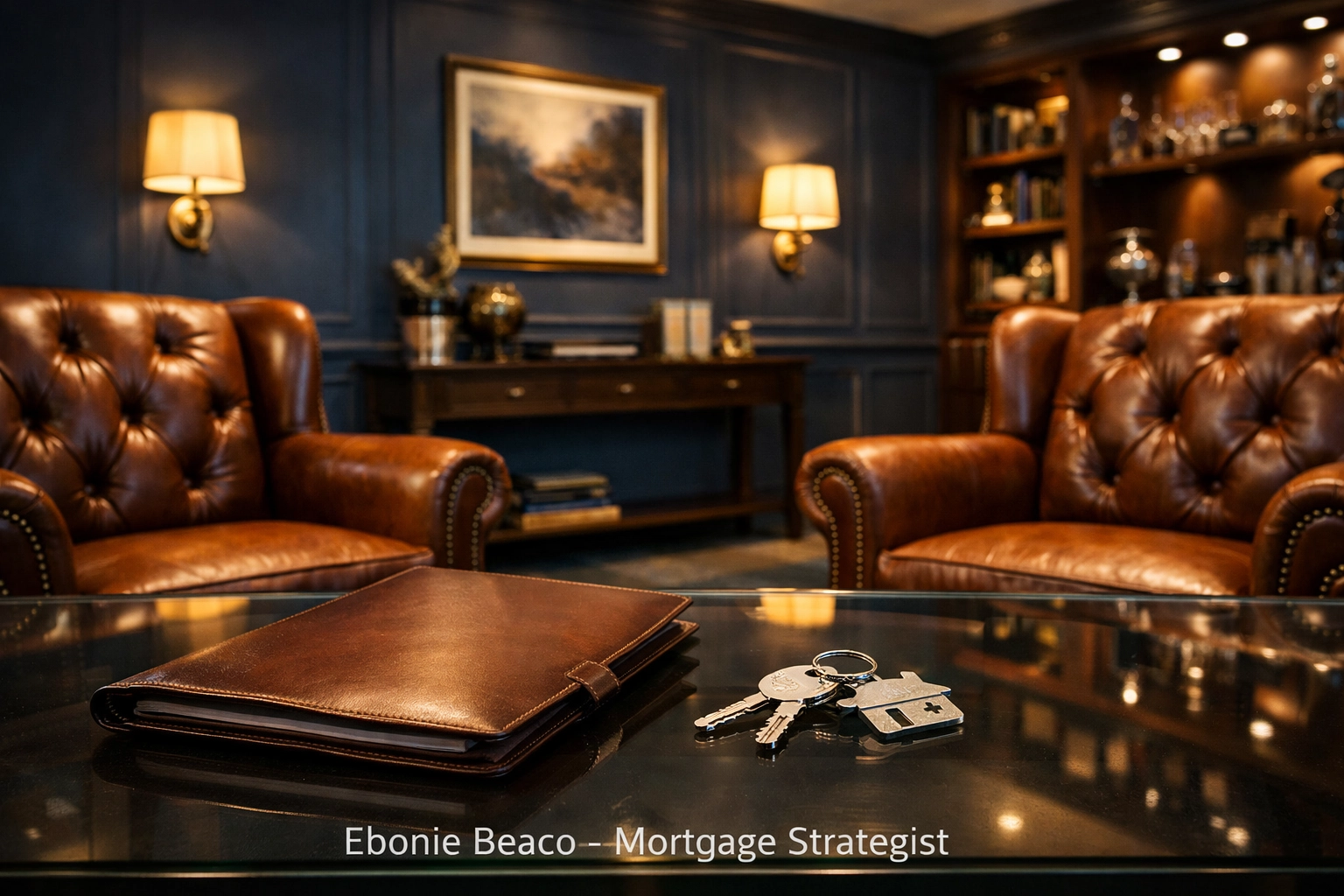 Wealth management lounge with house keys, highlighting real estate investment loan options for Georgia professionals.