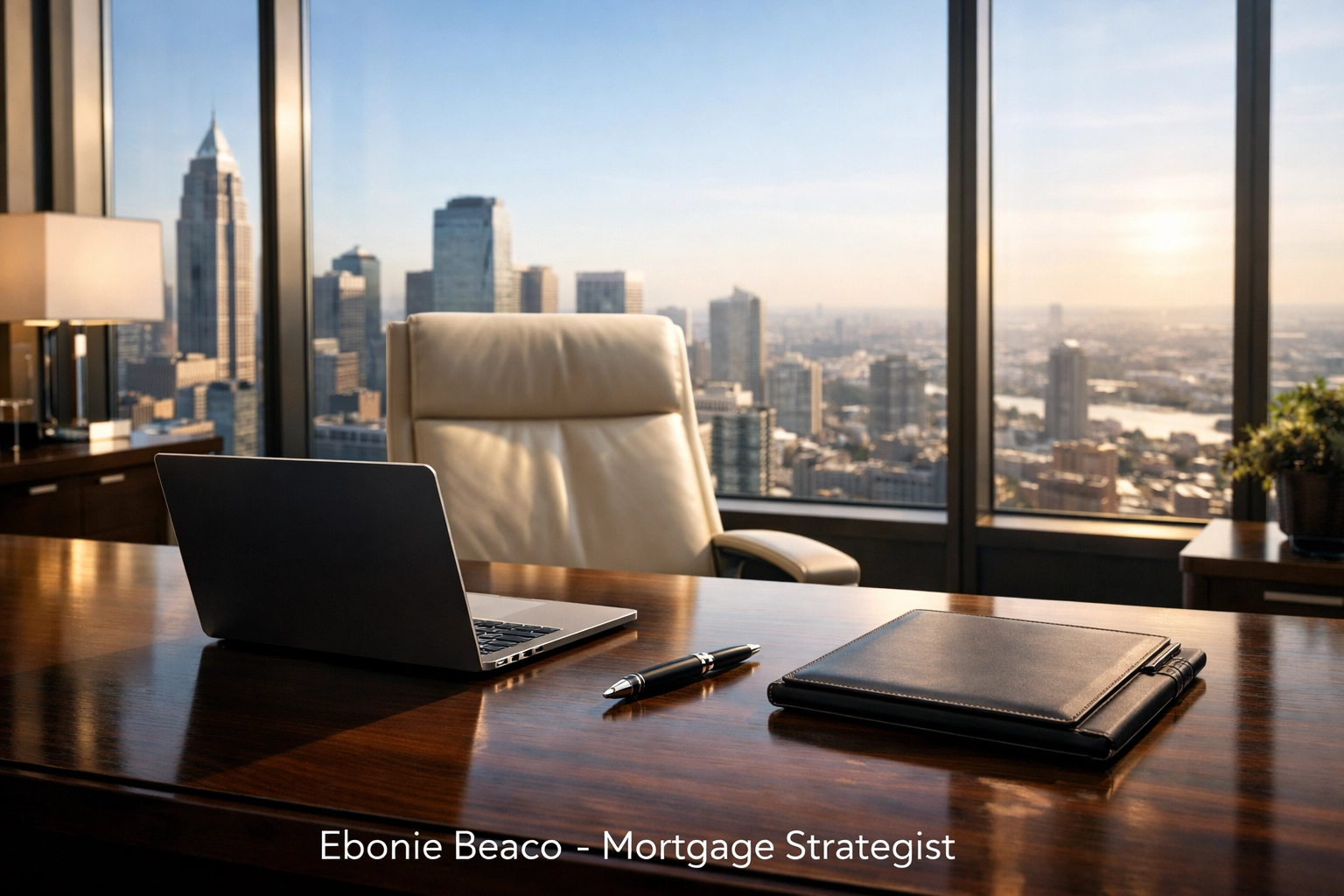 Luxury executive office with city views, symbolizing financial stability for Georgia bank statement loan applicants.