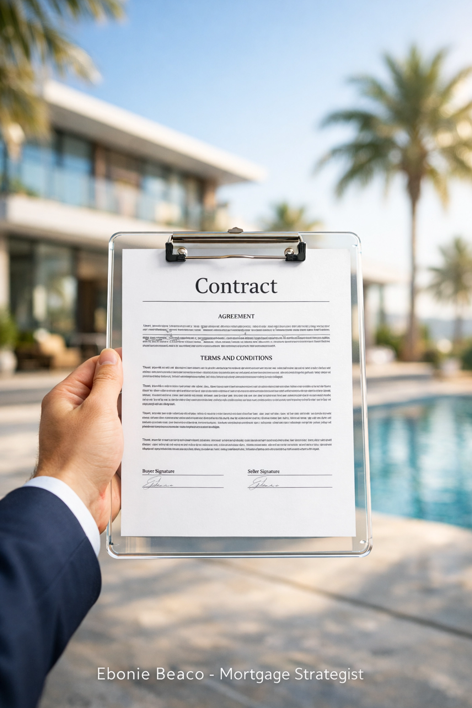 Professional holding a wholesale contract for a modern California home, emphasizing legal assignment of rights.