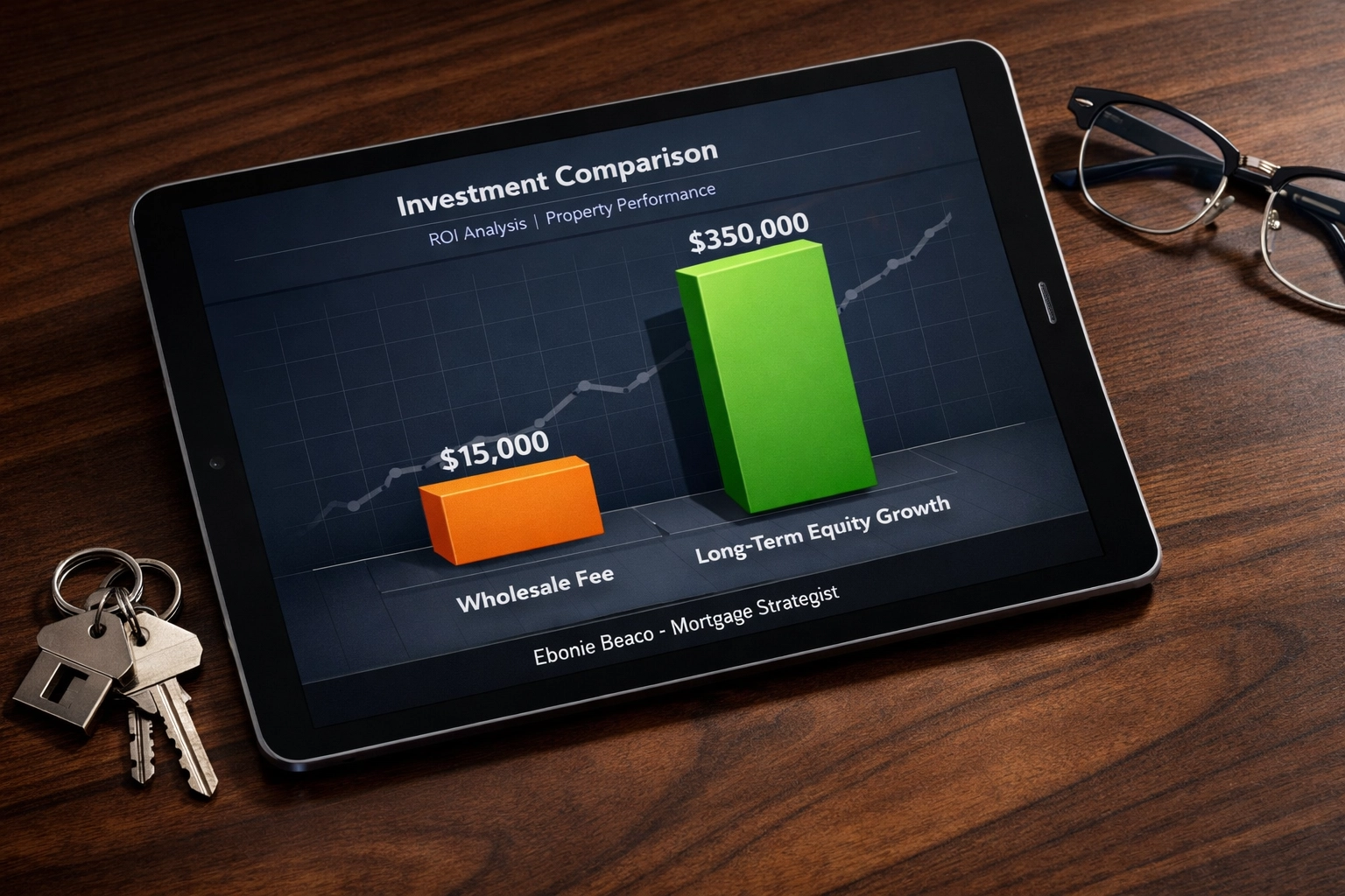 Financial chart comparing a one-time wholesale assignment fee to long-term equity and cash flow gains.