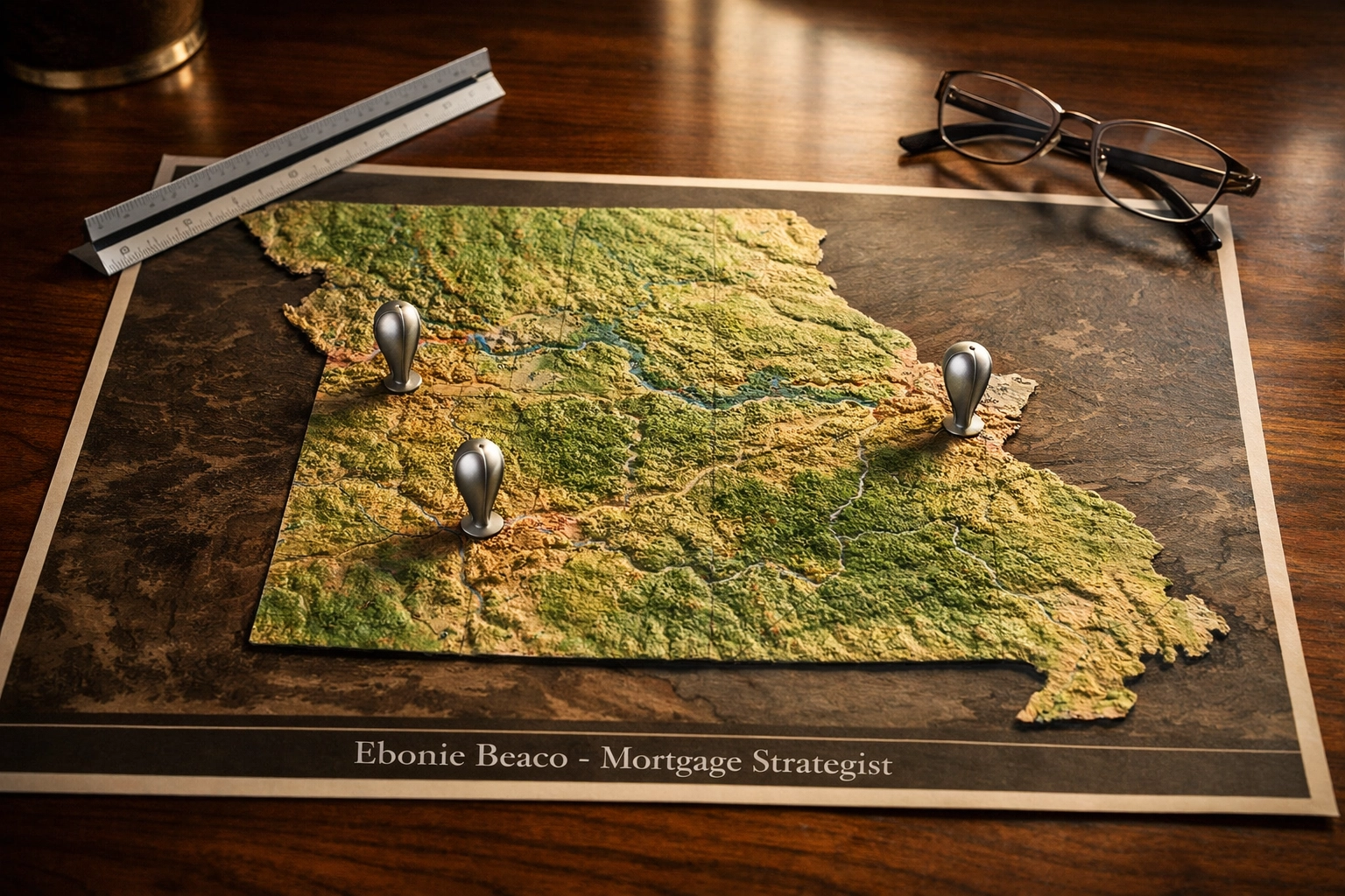 Professional map of Missouri real estate investment hubs including St. Louis and Kansas City for wholesaling strategy.